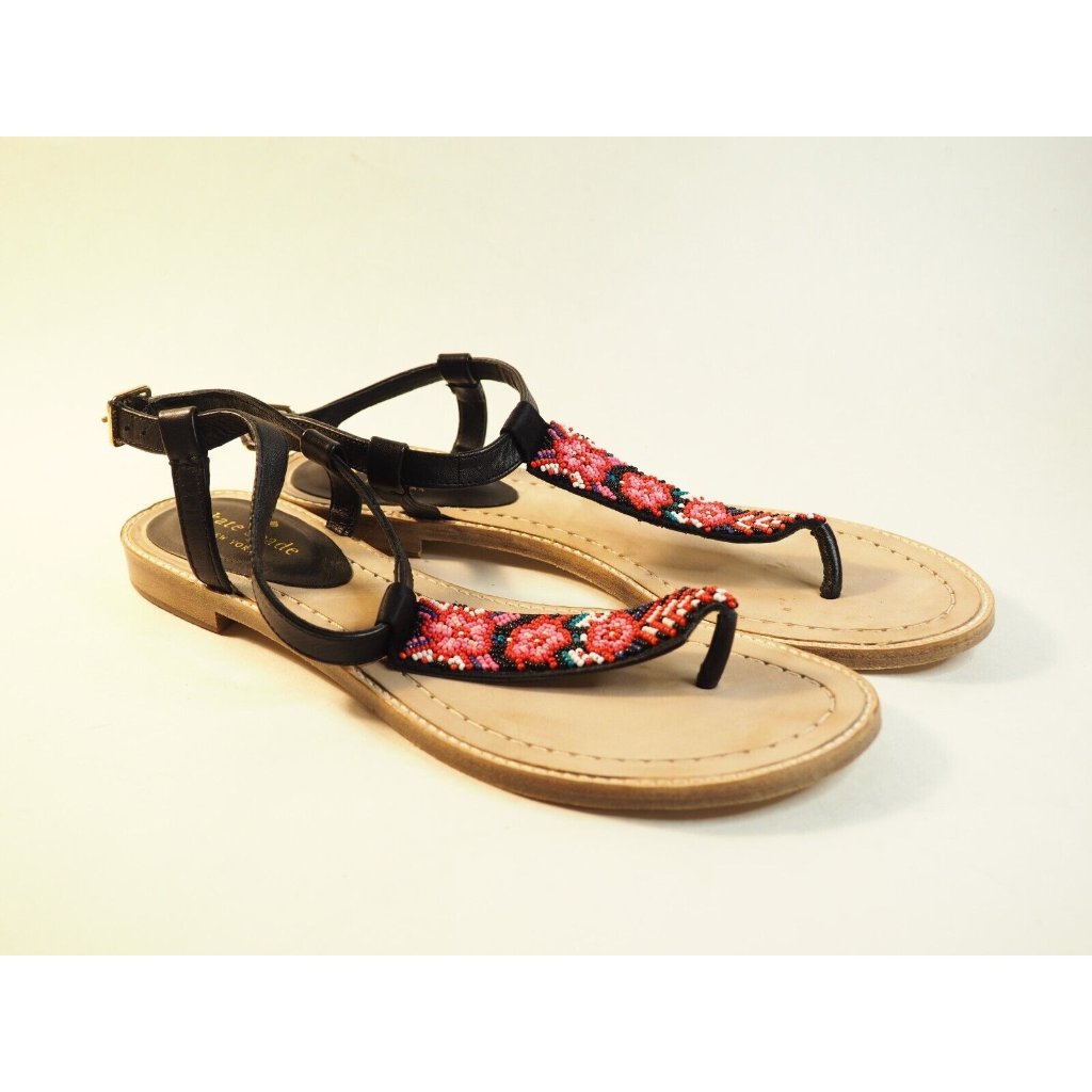 Kate Spade Saborsa Black Leather Multicolor Beaded Thong Sandals, Size 9 (Us)